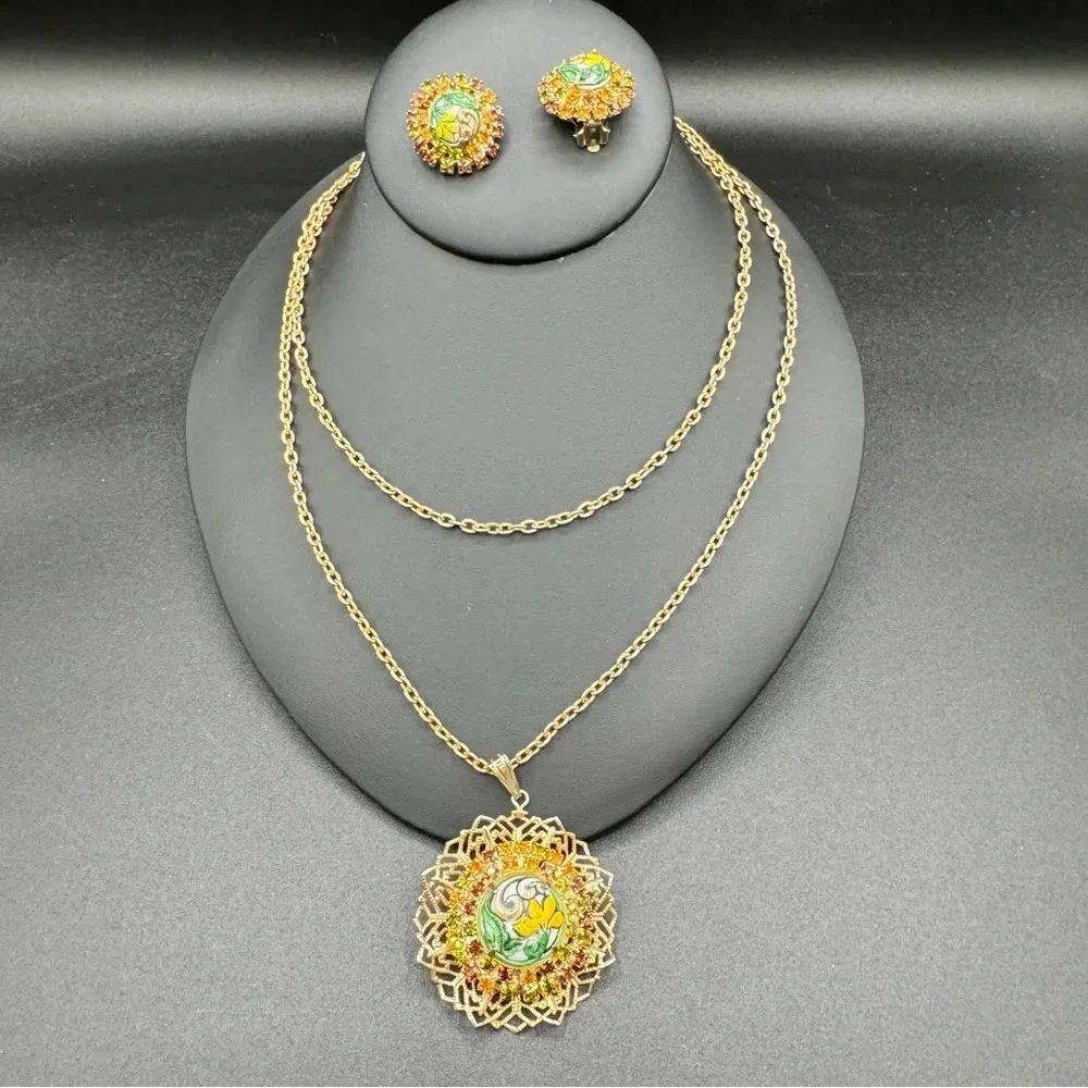 Vintage 1920s Art Nouveau Style Austrian Crystal Gold Tone Floral Necklace Set - Picture 4 of 17